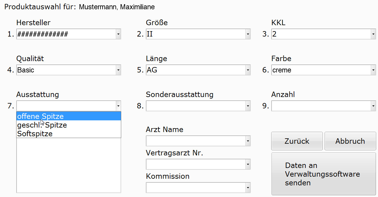 Programm-Screenshot Produktauswahl